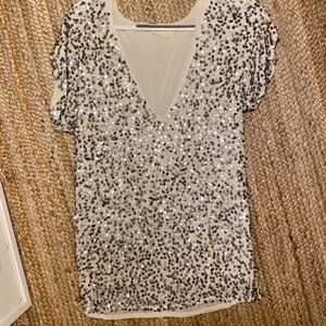 Jen’s Pirate Booty Sequined Silver Cream Linen Dress Tunic S Small
